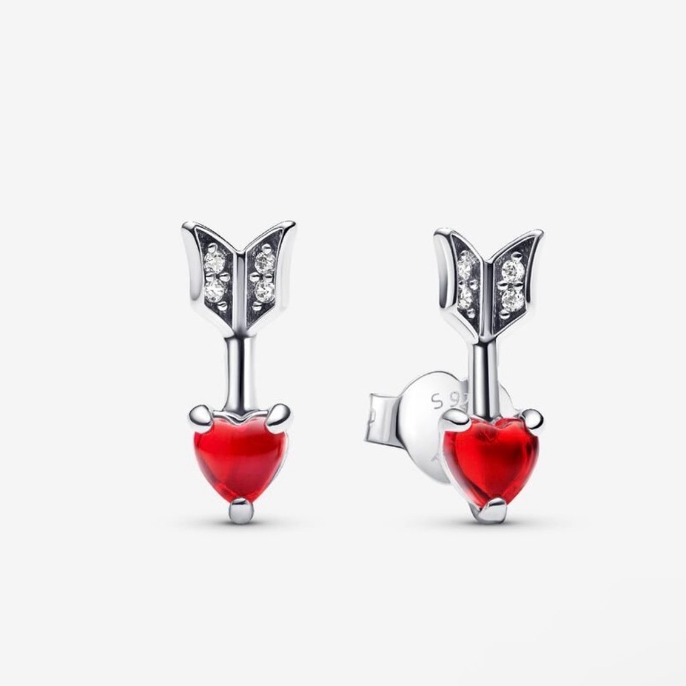 pandora Heart Arrow Earrings with Red and Silver Accents